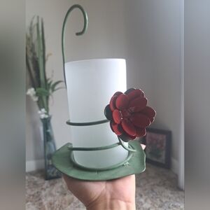 Rose Candle Holder Metal Stained Glass 10” High Indoor Outdoor Rustic